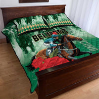 Green horse racing quilt bed set with rider and horse, red floral patch, diamond pillow trim