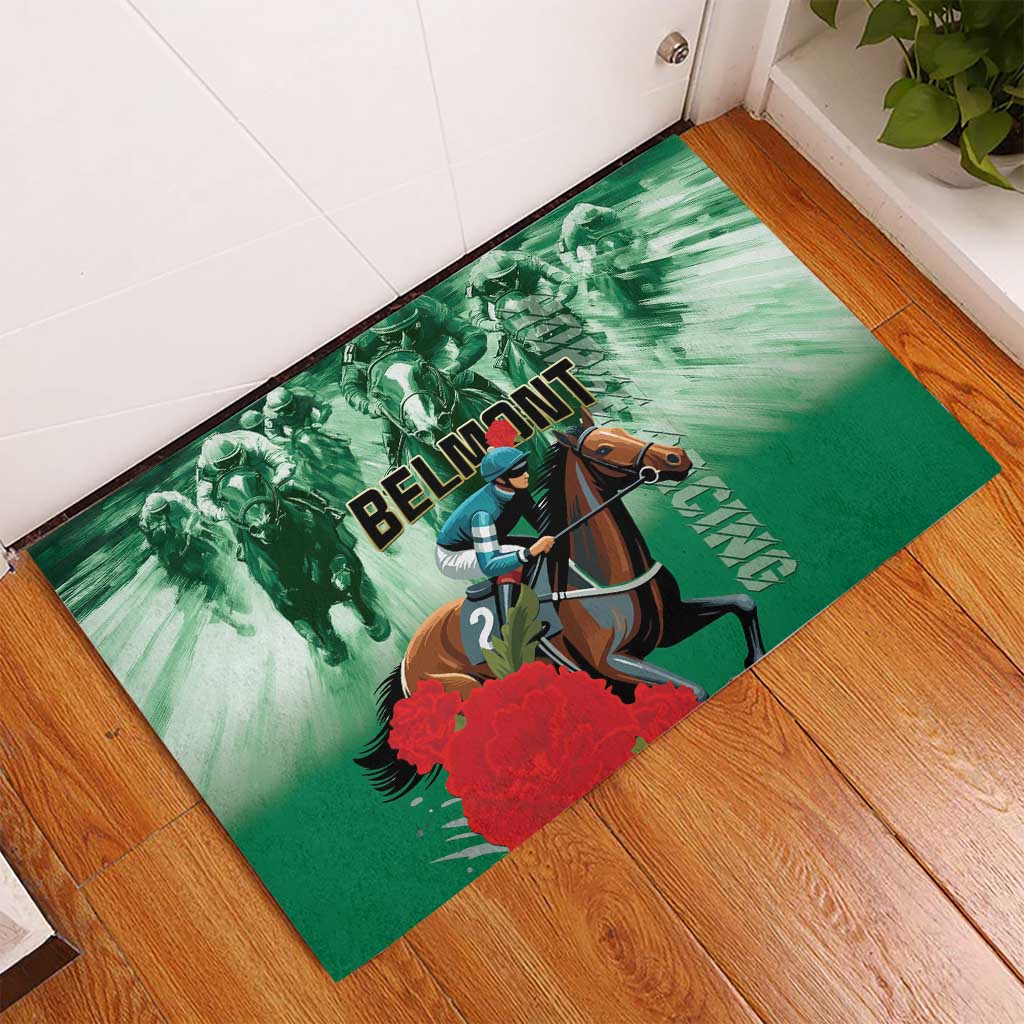 Green rubber doormat runner with racing horse graphic, red splash, and BELMONT