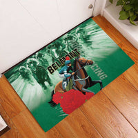 Green rubber doormat runner with racing horse graphic, red splash, and BELMONT