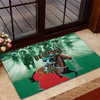 Green rubber doormat runner with horse racing art and BELMONT logo in bold letters
