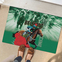 Green rubber doormat runner with racing horses, red bouquet graphic, and BELMONT text