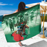 Green Belmont horse racing sarong with jockey graphic, draped and held up