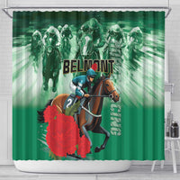 Green shower curtain featuring horse rider, red flowers, and BELMONT lettering