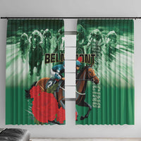 Green horse racing window curtain with rider and horse graphic, two panels