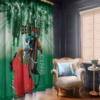 Green horse racing window curtain panel with rider, horse, and bold text graphic
