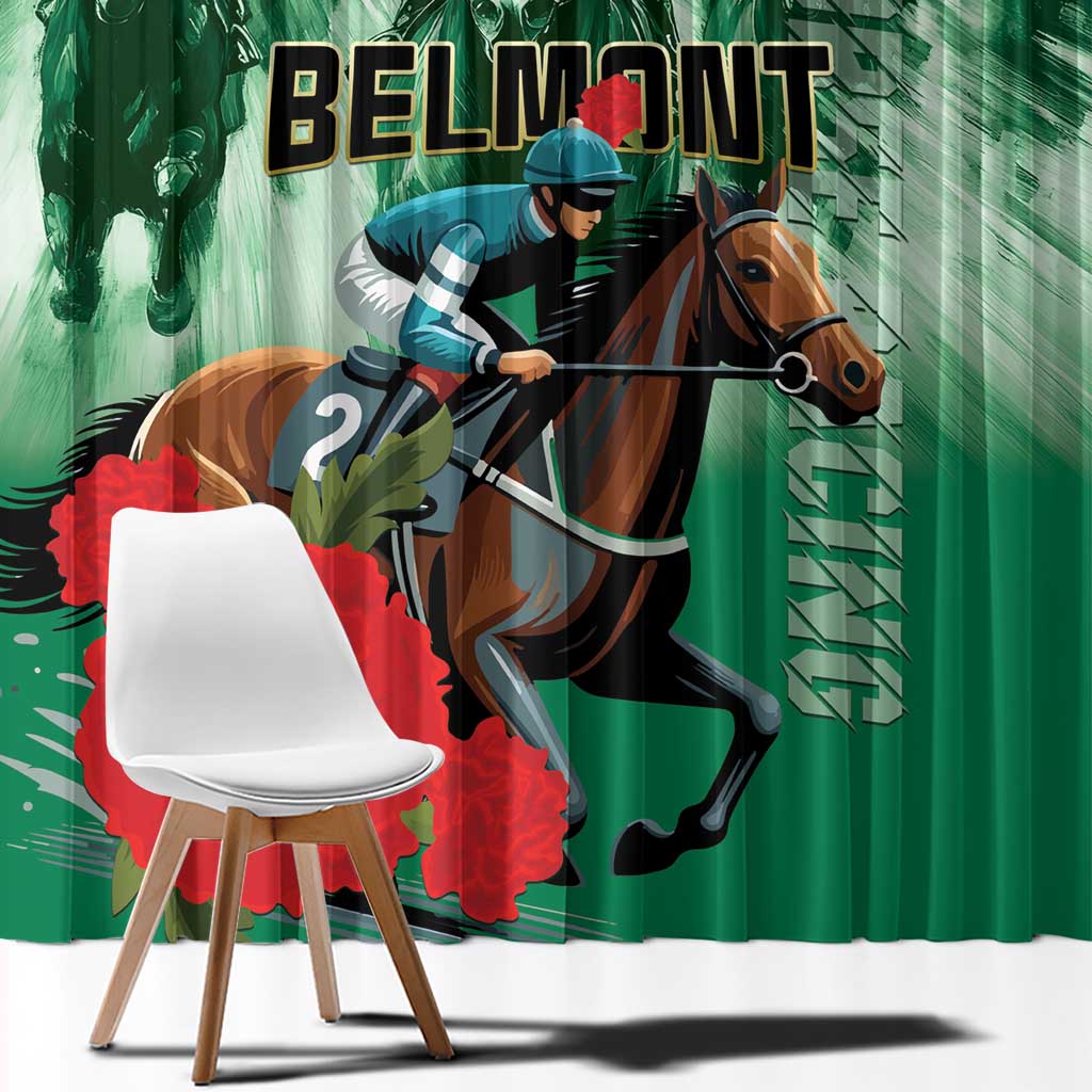 Green horse racing window curtain panel with rider on brown horse and text graphic