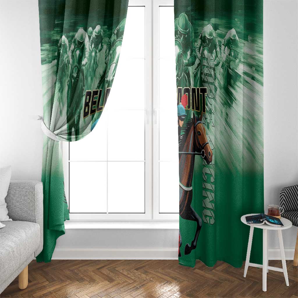 Green horse racing window curtain panels on a window with rider and horse graphic
