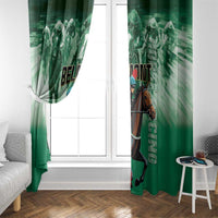 Green horse racing window curtain panels on a window with rider and horse graphic
