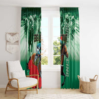 Green horse racing window curtain panels with rider and horse artwork, full view