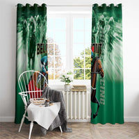 Green horse racing window curtain panels with top header and horse herd graphic