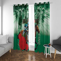 Green horse racing window curtain panels with rider on horse and layered design