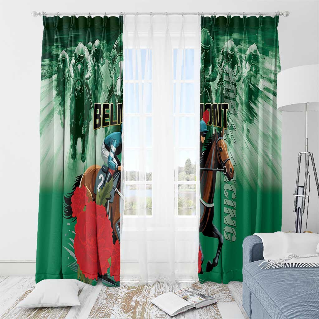 Green horse racing window curtain panels with rider and horse graphic, hanging folds
