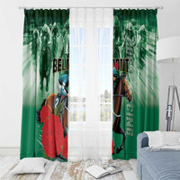 Green horse racing window curtain panels with rider and horse graphic, hanging folds
