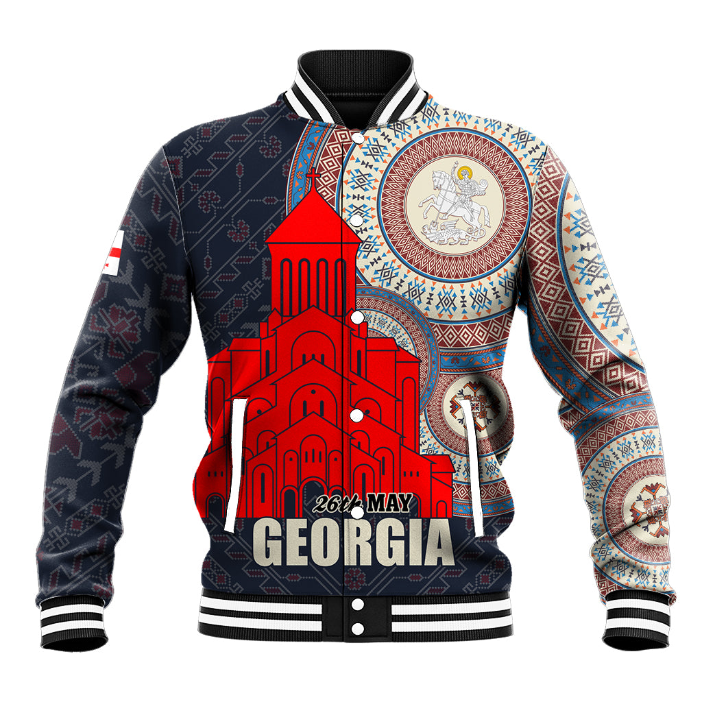 Unisex dark baseball jacket with red cathedral front graphic, varsity snap buttons, GEORGIA text