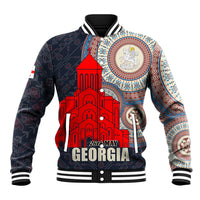 Unisex dark baseball jacket with red cathedral front graphic, varsity snap buttons, GEORGIA text