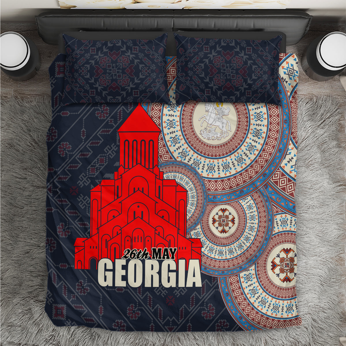 Georgia Independence Day bedding set with dark navy geometric print, red cathedral, “26th MAY GEORGIA”.