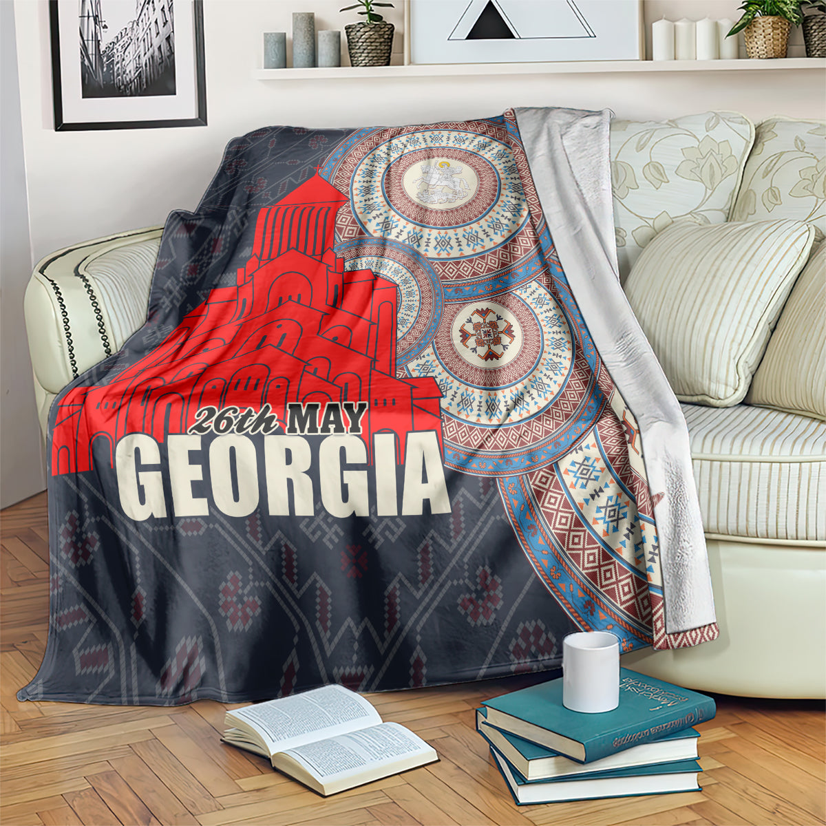 Georgia Independence Day blanket: red church, blue circular design, GEORGIA and 26th May