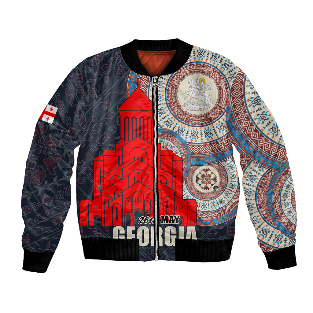 Unisex dark bomber jacket with red castle graphic and circular emblem, ribbed cuffs
