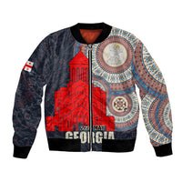 Unisex dark bomber jacket with red castle graphic and circular emblem, ribbed cuffs