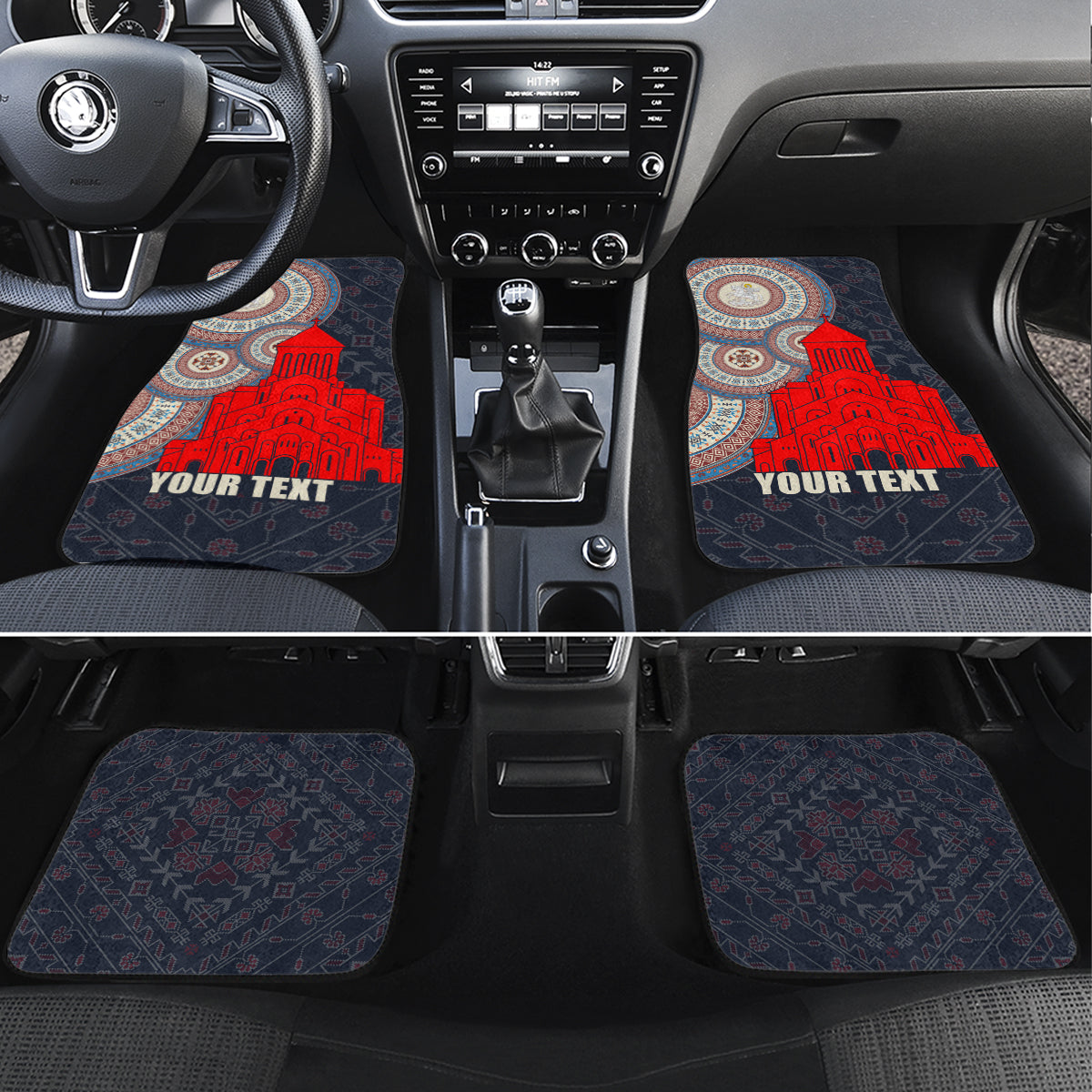 Car floor mats with red building graphic and "YOUR TEXT" on dark blue patterned fabric
