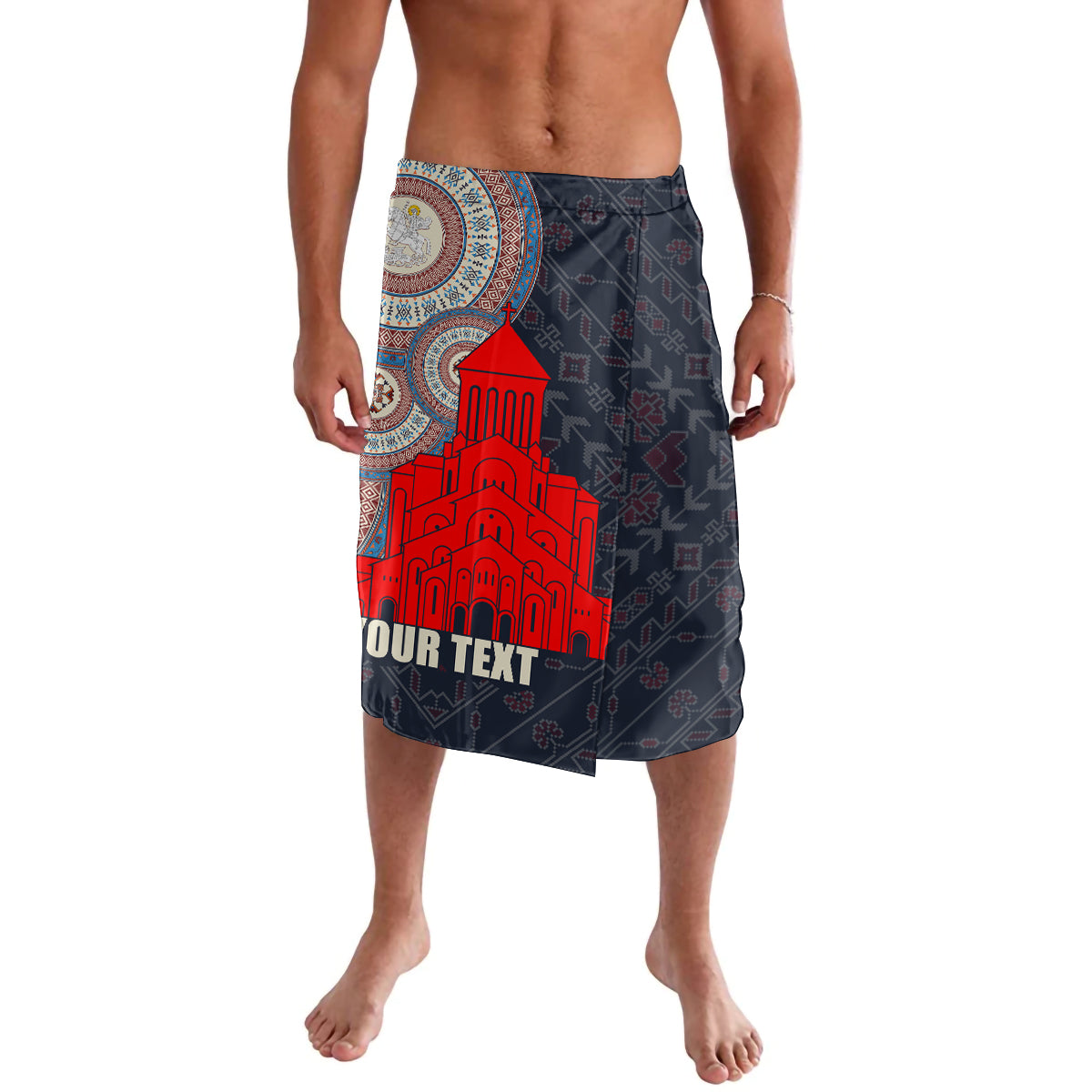 Men's dark navy shorts with red cathedral graphic and colorful mandala print