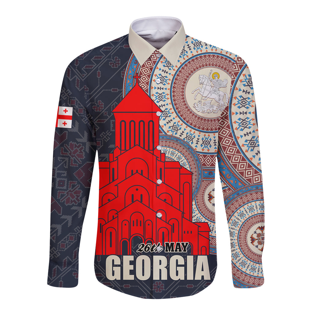 Long sleeve button shirt, dark blue with red church and '26th May GEORGIA' print