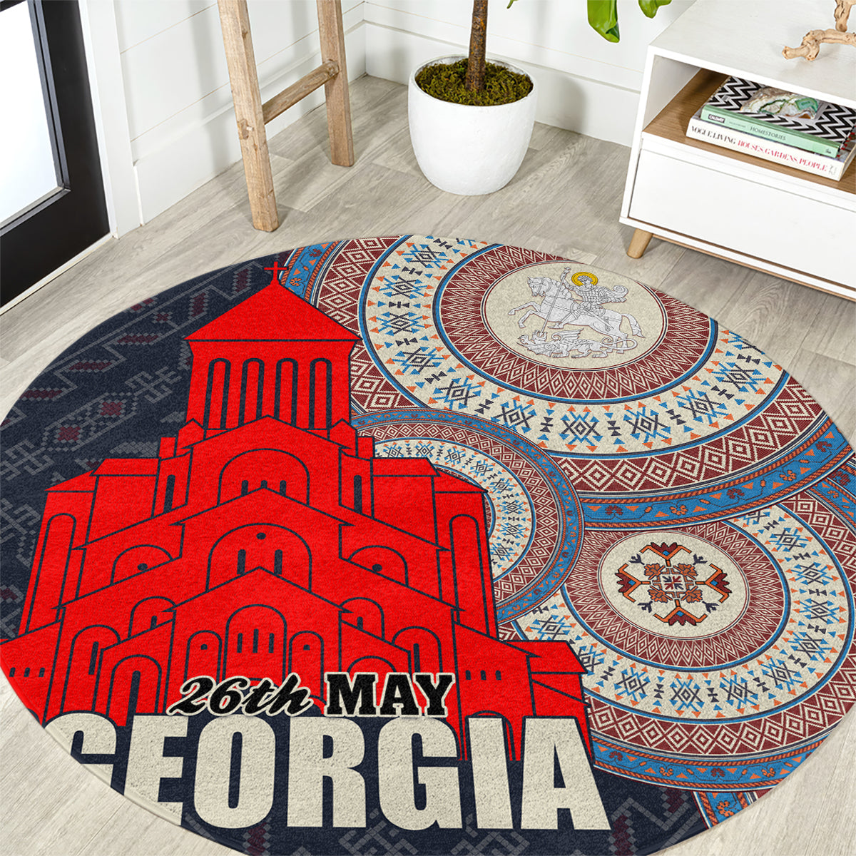 Round carpet with red cathedral graphic and "26th MAY GEORGIA" text