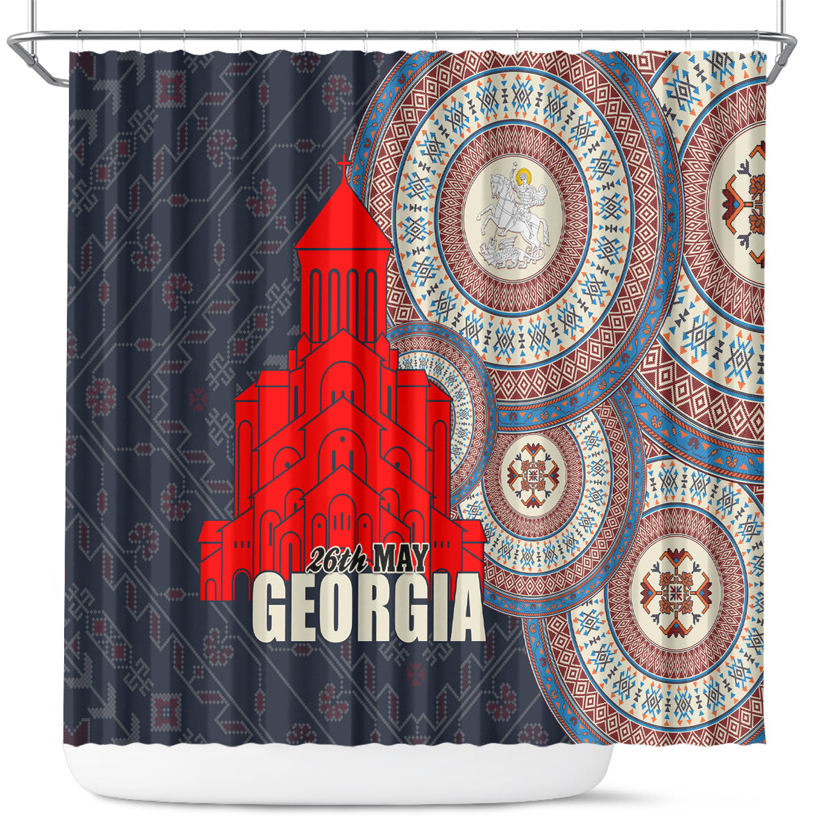 Shower curtain with red cathedral silhouette and ornate blue circular pattern