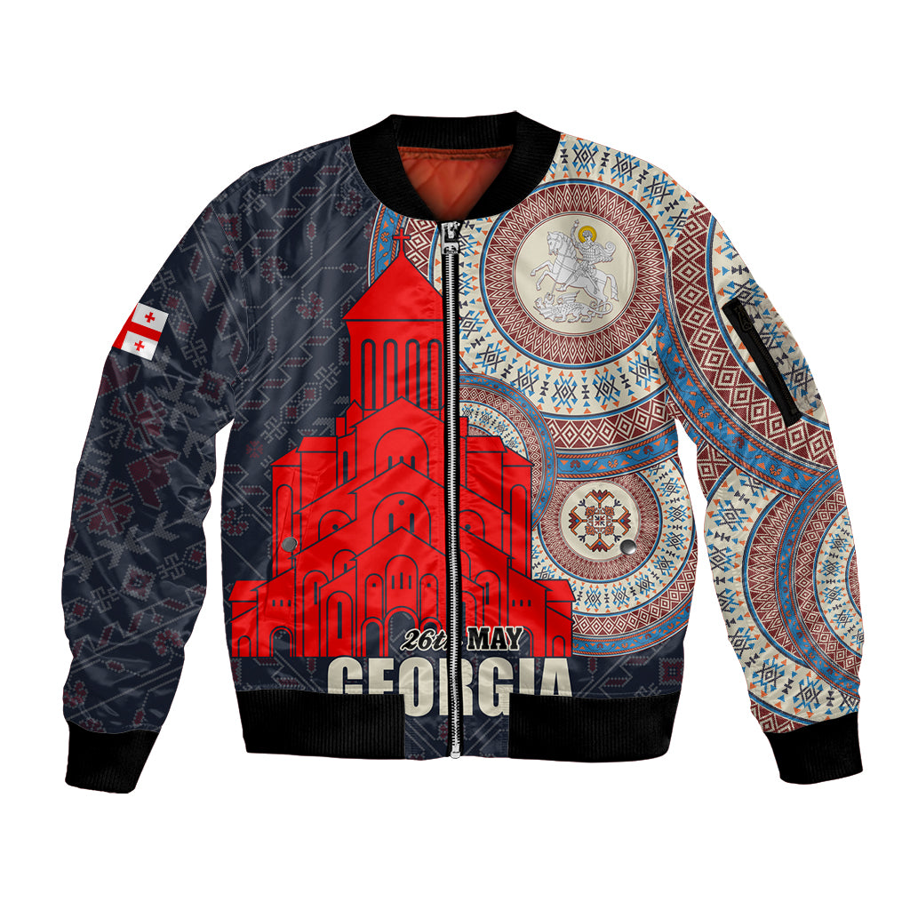Unisex bomber jacket with zip front, black base, red cathedral graphic and blue patterns