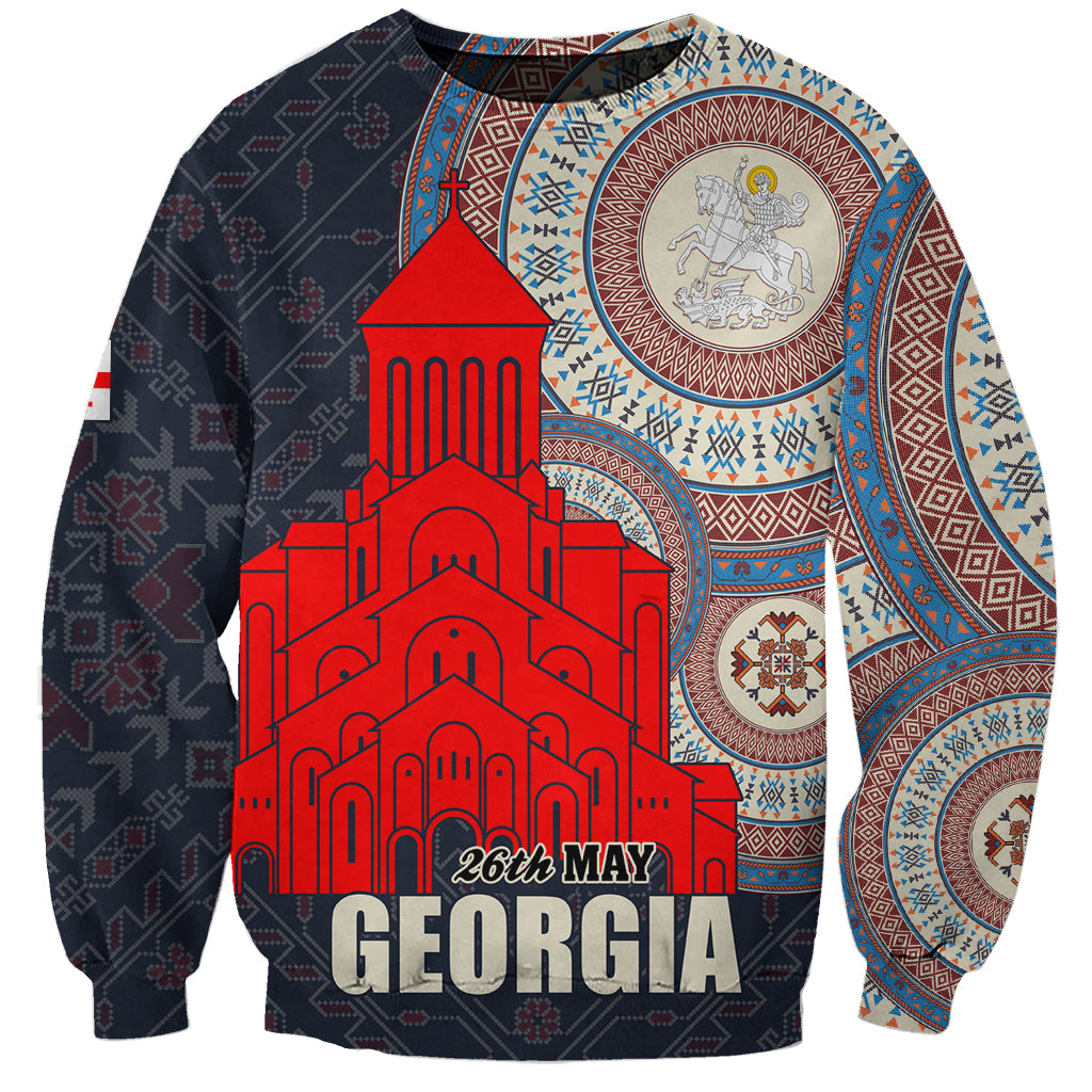 Unisex navy sweatshirt with long sleeves and large red, white, blue Georgia graphic