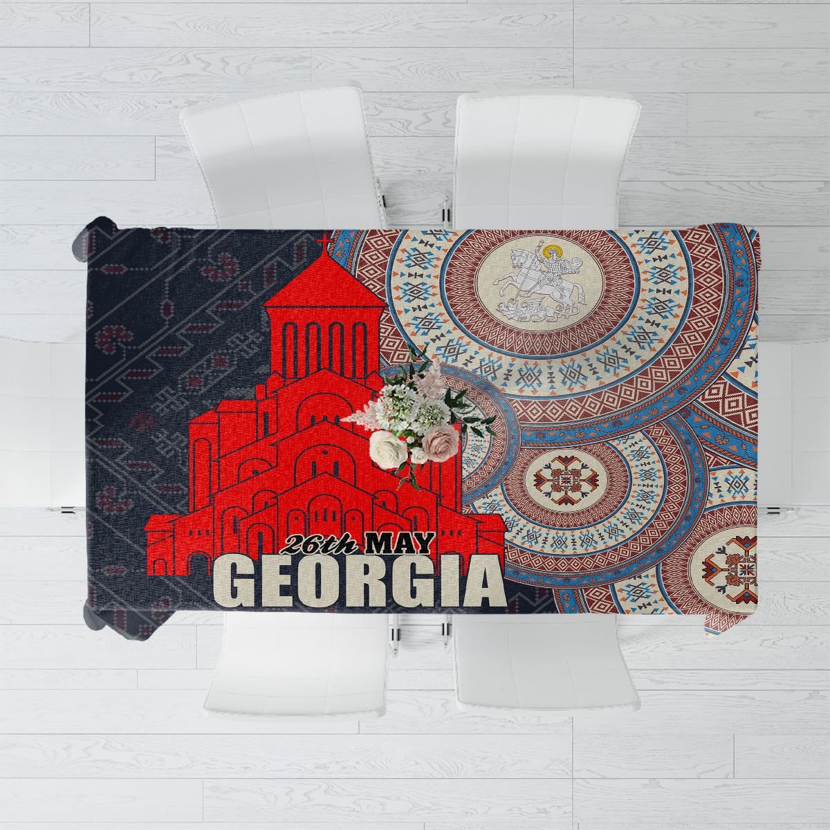 Georgia Independence Day tablecloth with red building graphic and blue ornamental borders