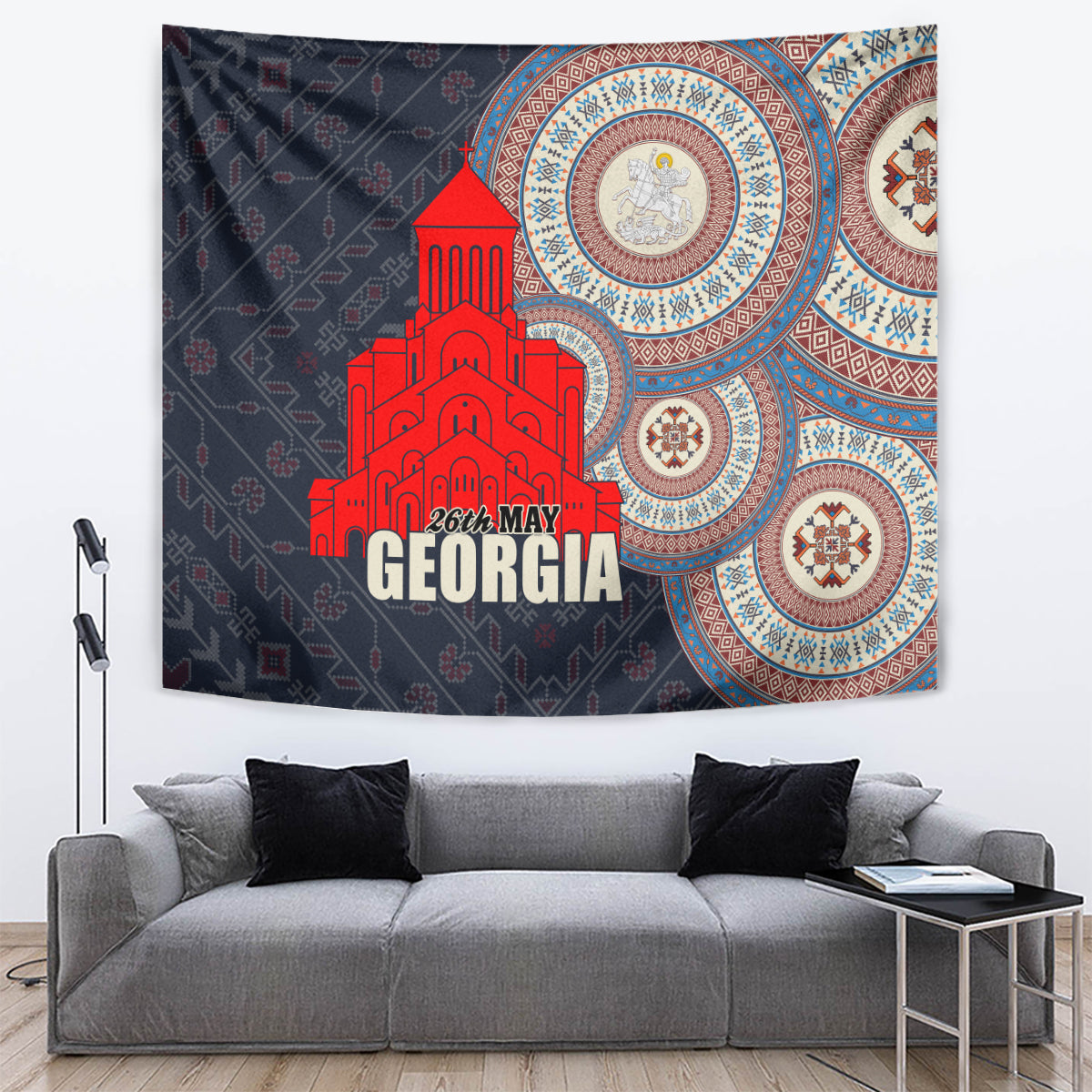 Wall tapestry with red cathedral, '26th May GEORGIA' text, and ornate blue circles