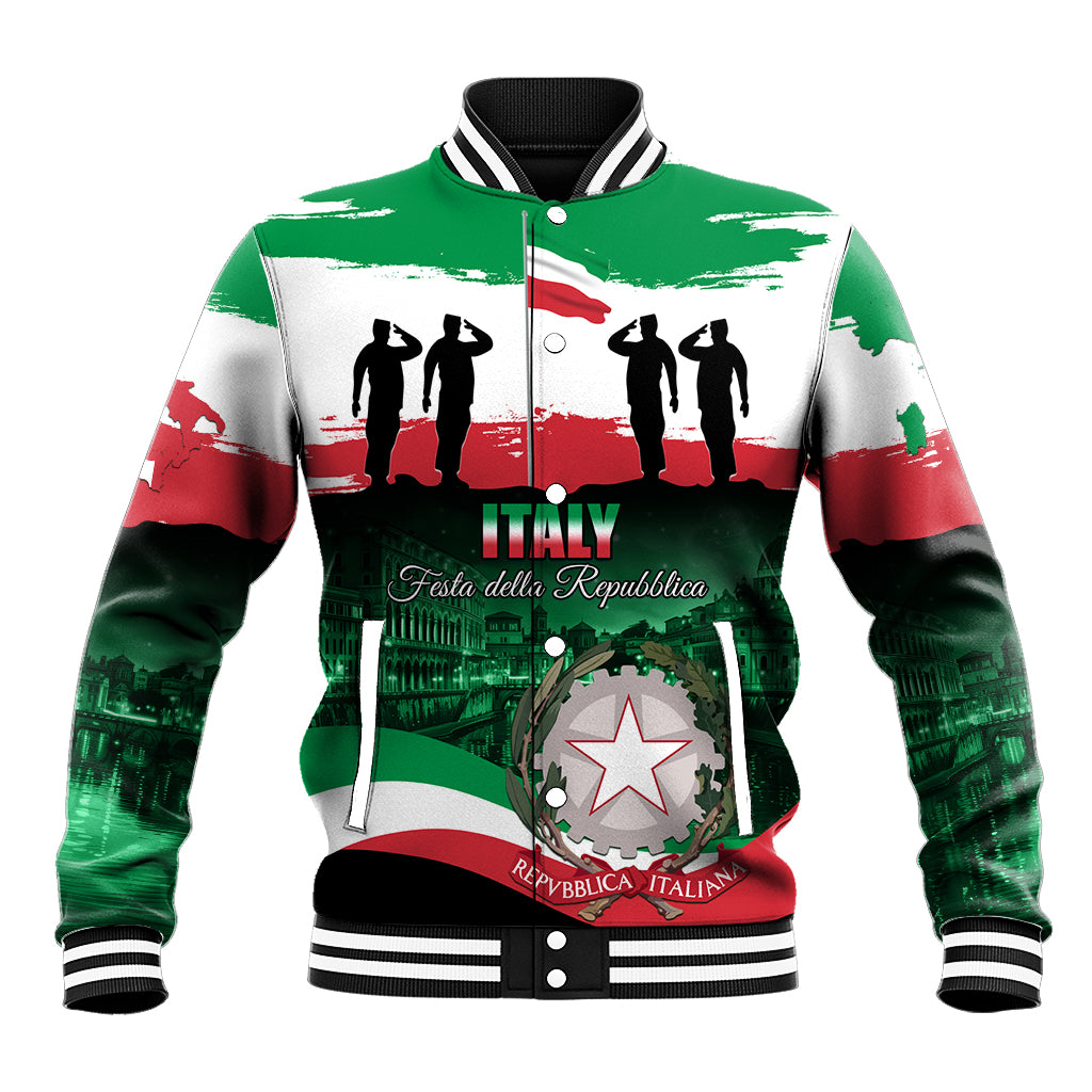 Unisex baseball jacket with green, white, and red graphic; ribbed collar and striped cuffs.