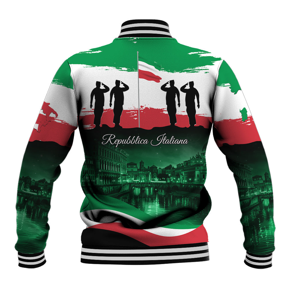 Unisex baseball jacket with back print of skyline and text; ribbed hem and striped cuffs.
