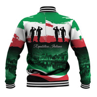 Unisex baseball jacket with back print of skyline and text; ribbed hem and striped cuffs.