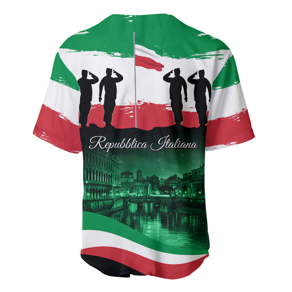 Italian flag baseball jersey back with 'Repubblica Italiana' script and city skyline print