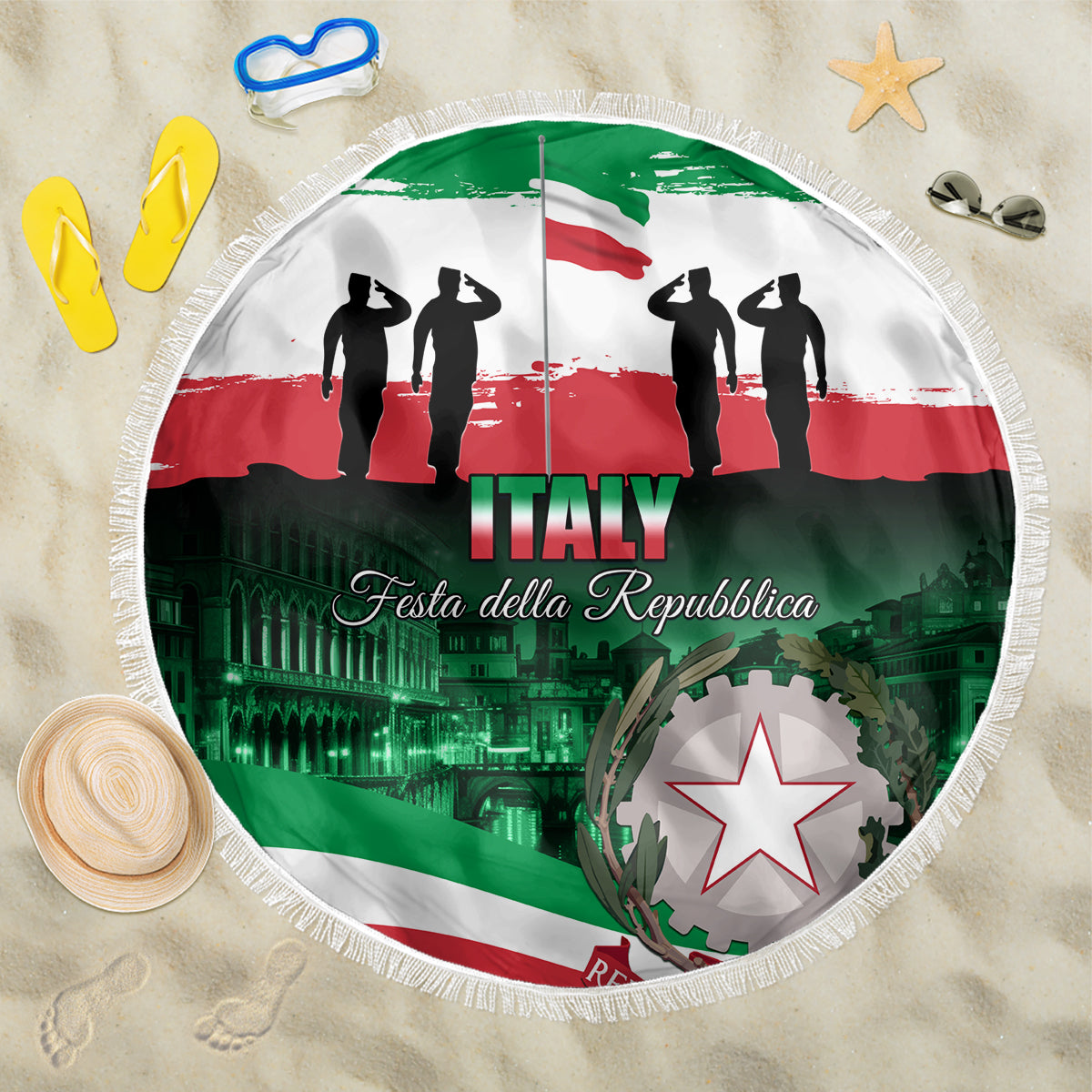 Round Italy beach blanket with fringe, Italy and "Festa della Repubblica" lettering with star
