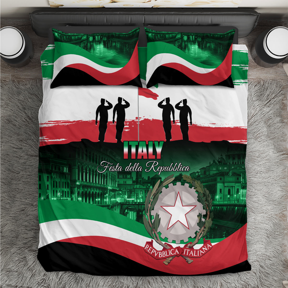 Italy-themed bedding set with green, white and red flag design, “ITALY” text and star badge