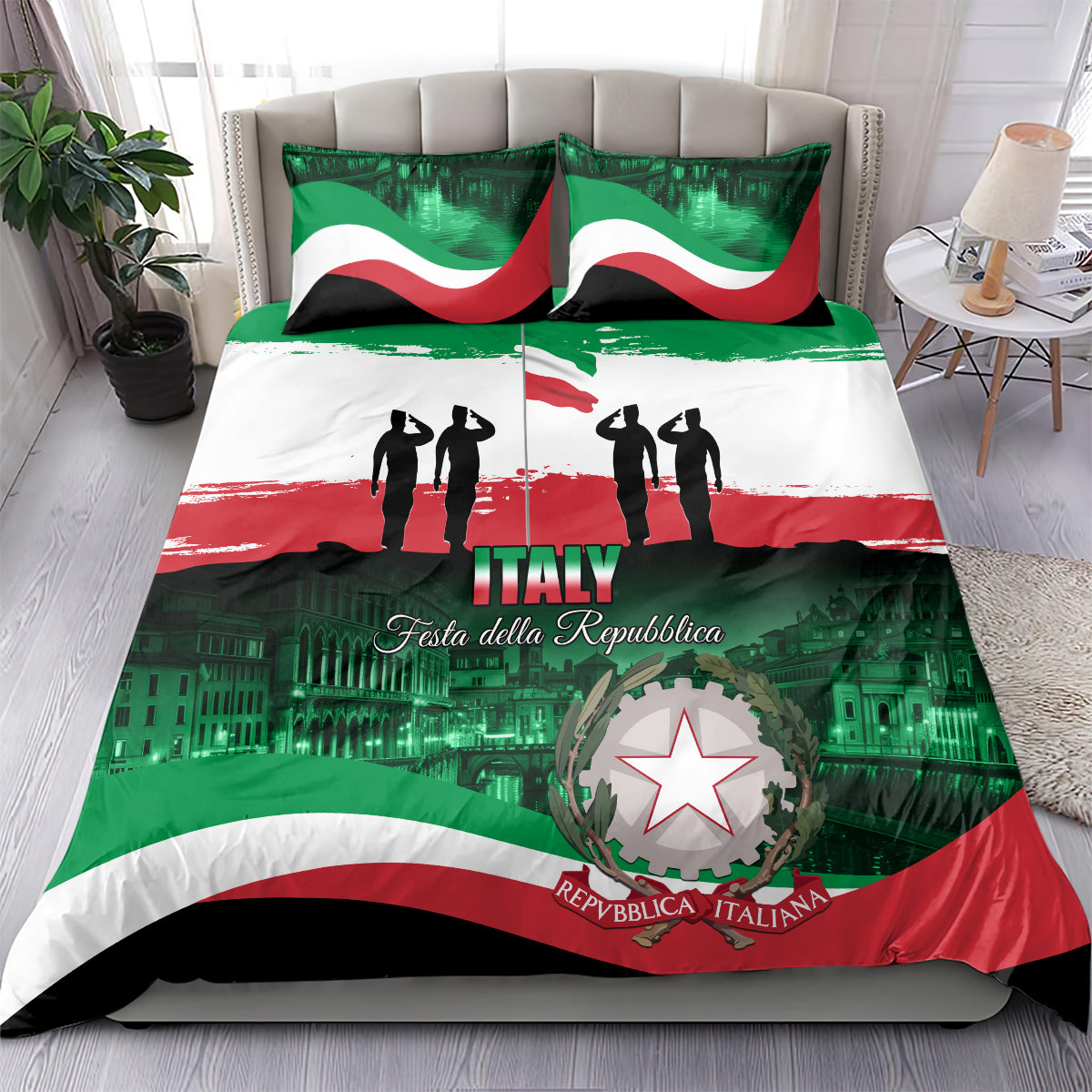 Italy-themed bedding set featuring flag stripes, two black figures, “Festa della Repubblica” text
