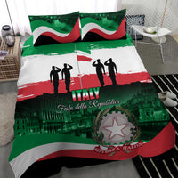 Italy-themed bedding set with flag stripes, “ITALY” title, arch-and-star emblem and two figures