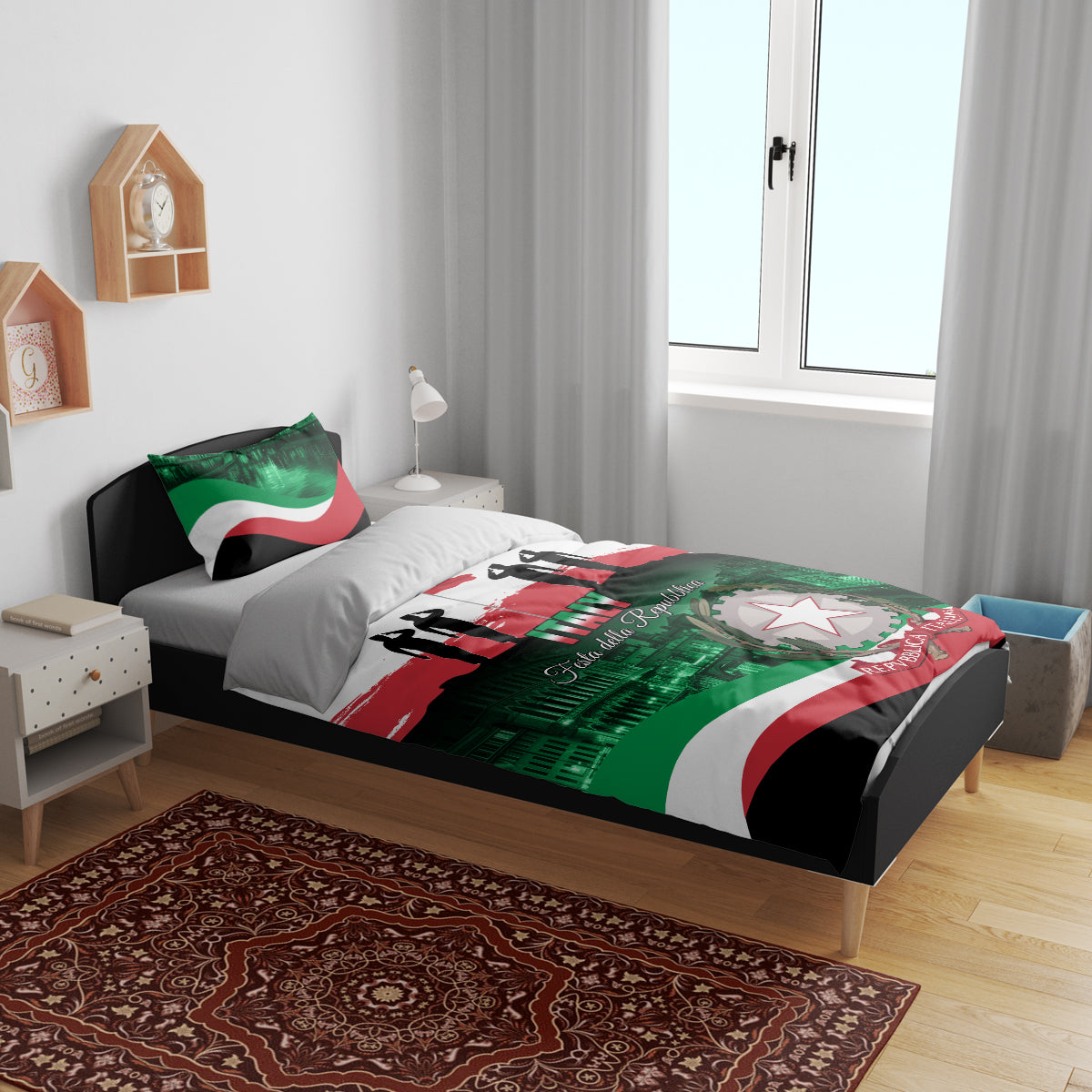 Italy-themed bedding set on bed with flag design, “ITALY” lettering, and star crest