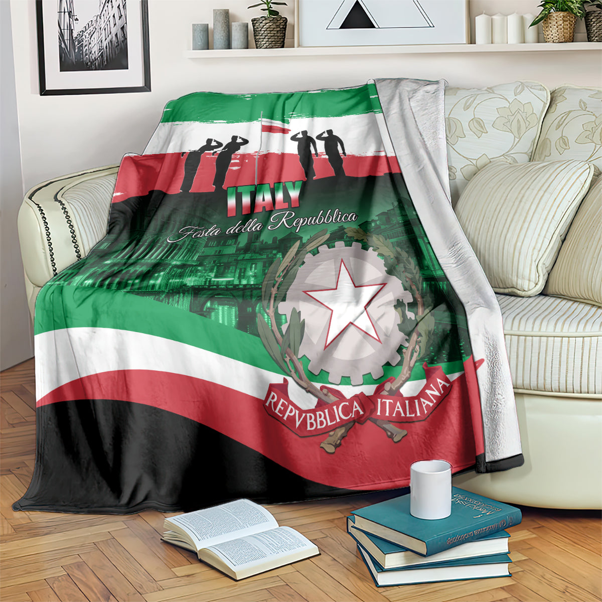 Italy-themed blanket with green white red stripes, star emblem, and decorative text