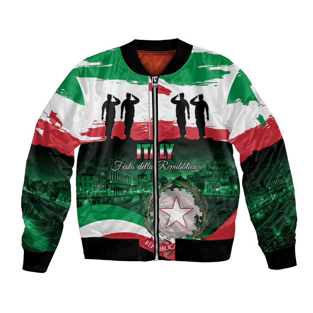 Unisex bomber jacket with green, white, red graphic print and front zipper; ribbed trim