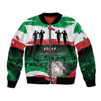 Unisex bomber jacket with green, white, red graphic print and front zipper; ribbed trim