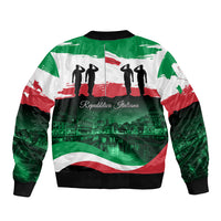Unisex bomber jacket with green, white, red Italian flag graphic on back; ribbed collar
