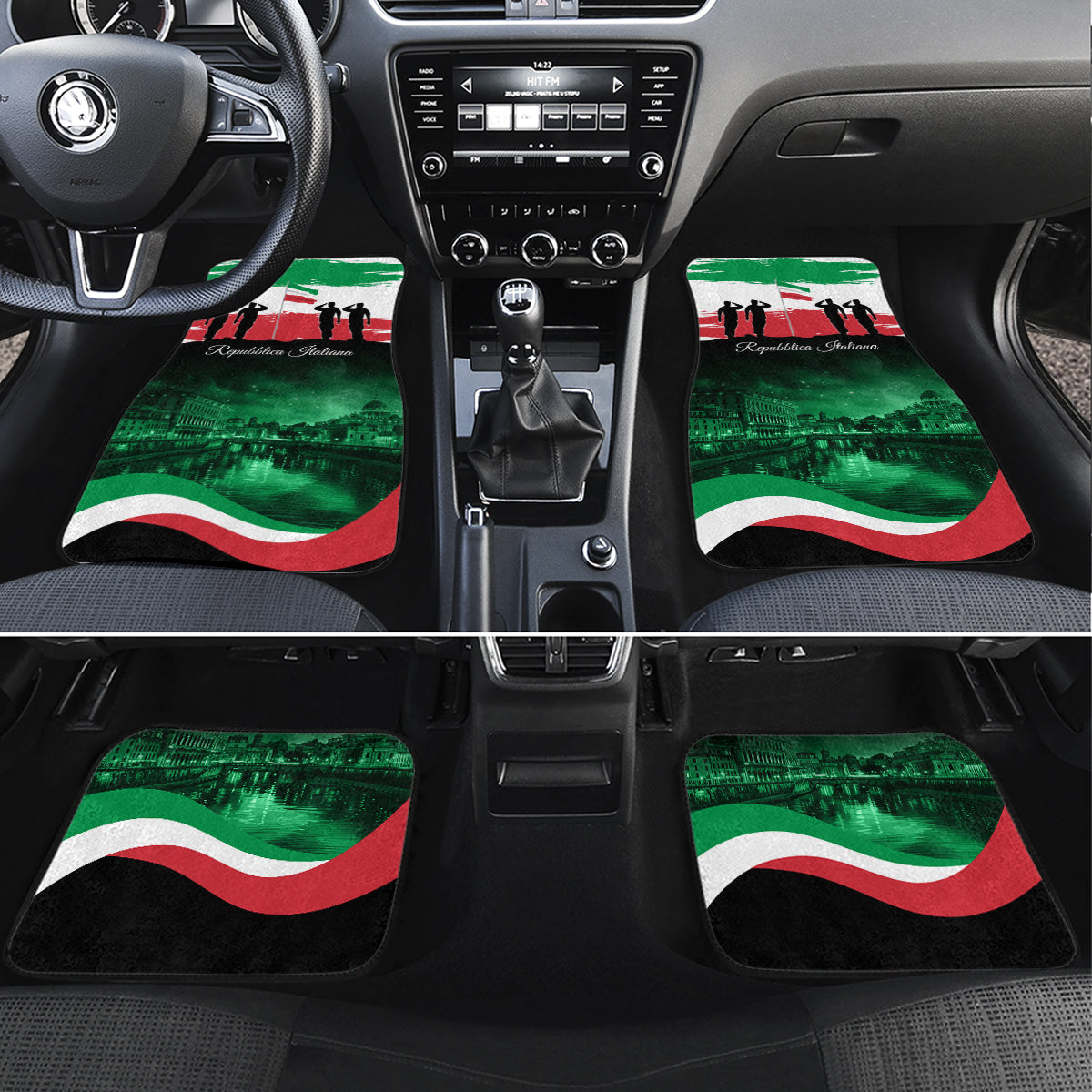 Car floor mat set (4) with Italy flag design, green cityscape and silhouettes