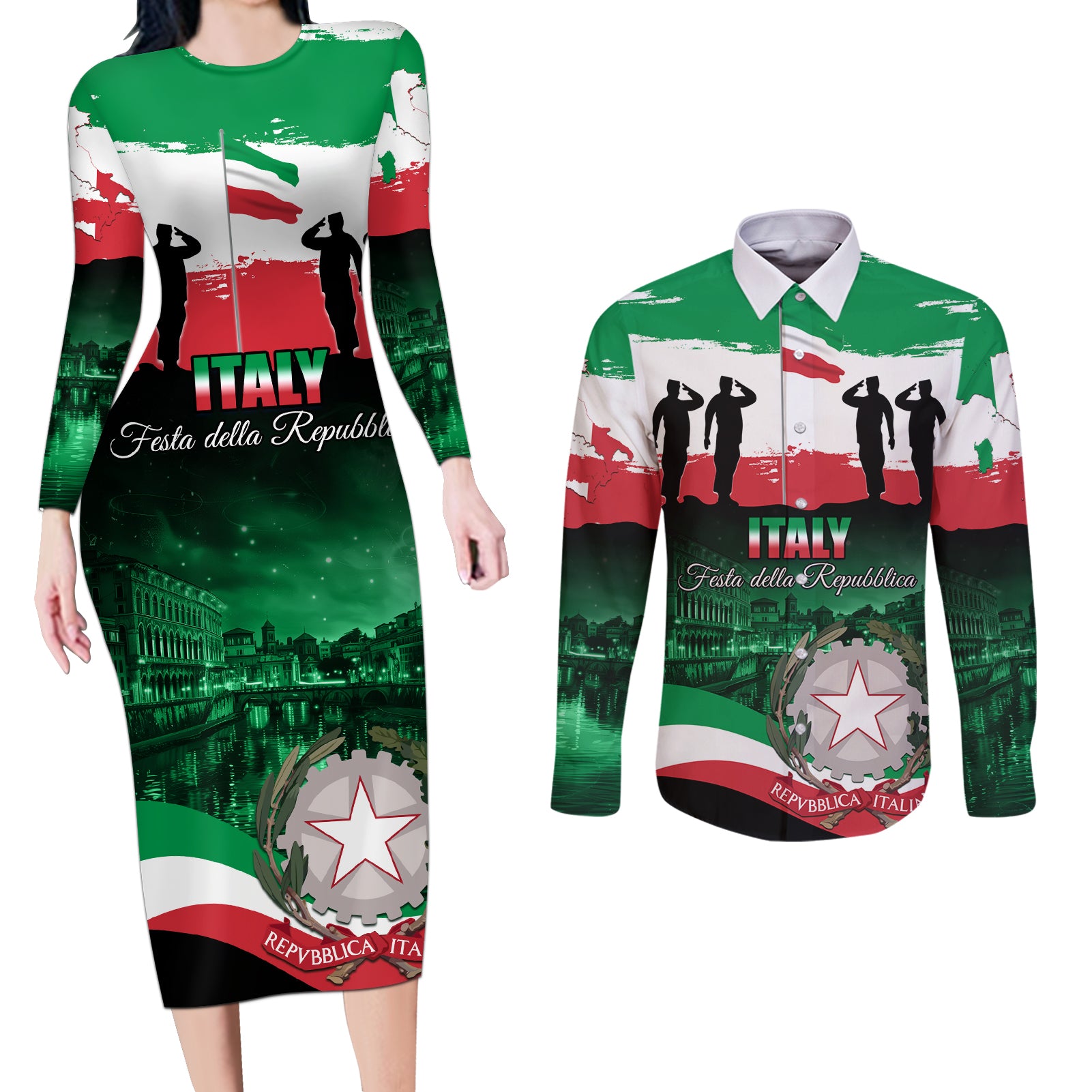 Italy Republic Day Couples Matching Long Sleeve Bodycon Dress and Long Sleeve Button Shirt Festa della Repubblica - Wonder Print Shop