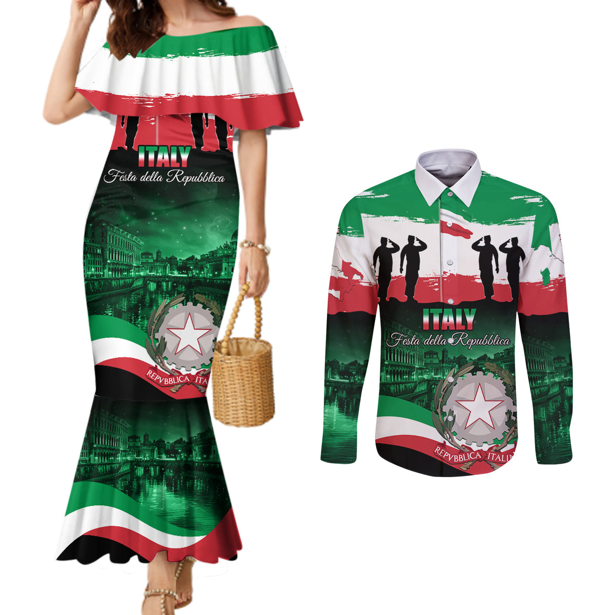 Italy Republic Day Couples Matching Mermaid Dress and Long Sleeve Button Shirt Festa della Repubblica