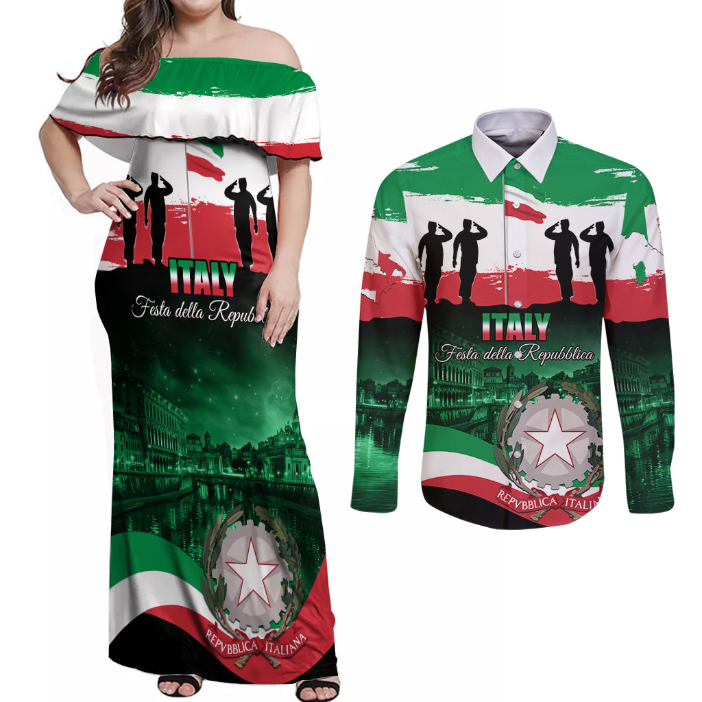 Italy Republic Day Couples Matching Off Shoulder Maxi Dress and Long Sleeve Button Shirt Festa della Repubblica - Wonder Print Shop