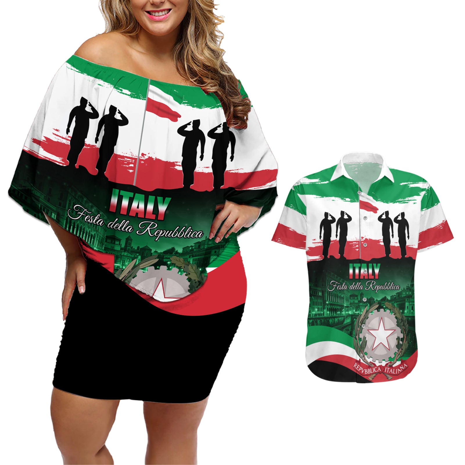 Italy Republic Day Couples Matching Off Shoulder Short Dress and Hawaiian Shirt Festa della Repubblica - Wonder Print Shop